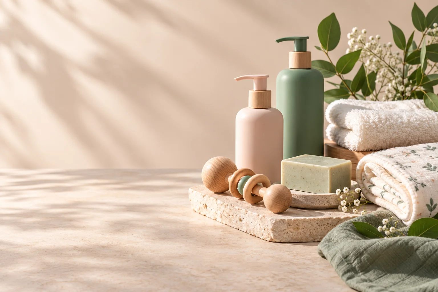 Skincare bottles, soft towels, a baby blanket and a wooden rattle