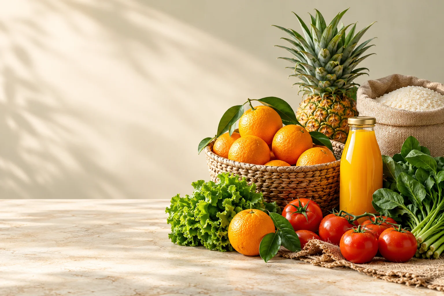 Fresh fruit, vegetables, rice and juice in a sunlit still life