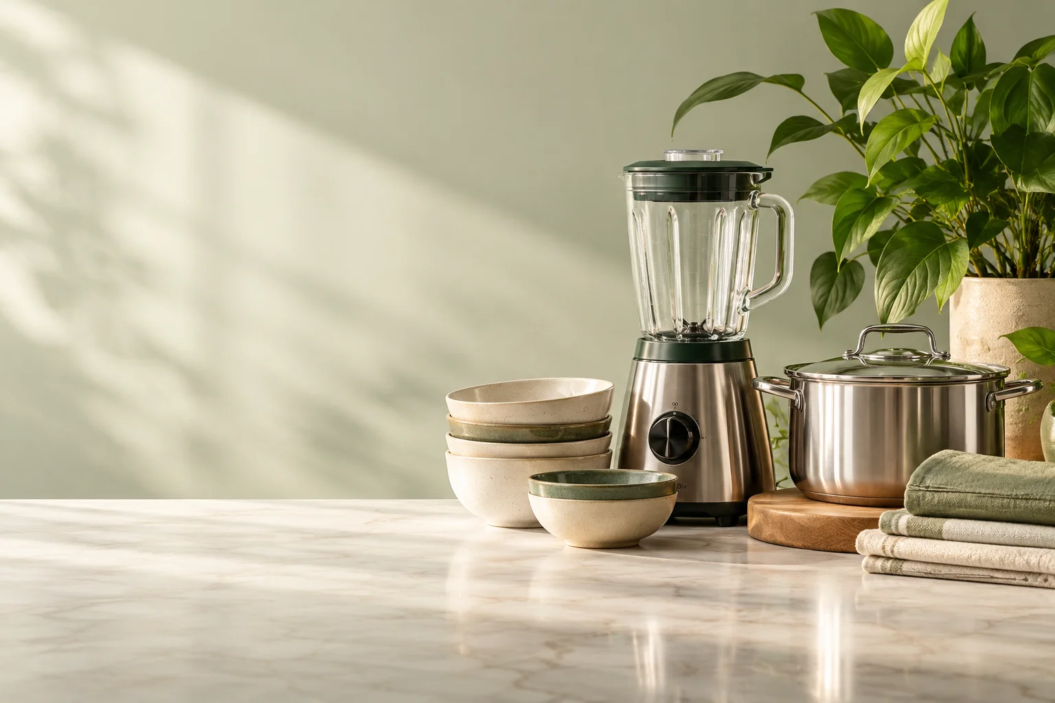 Blender, cooking pot, ceramics and linen with a leafy plant