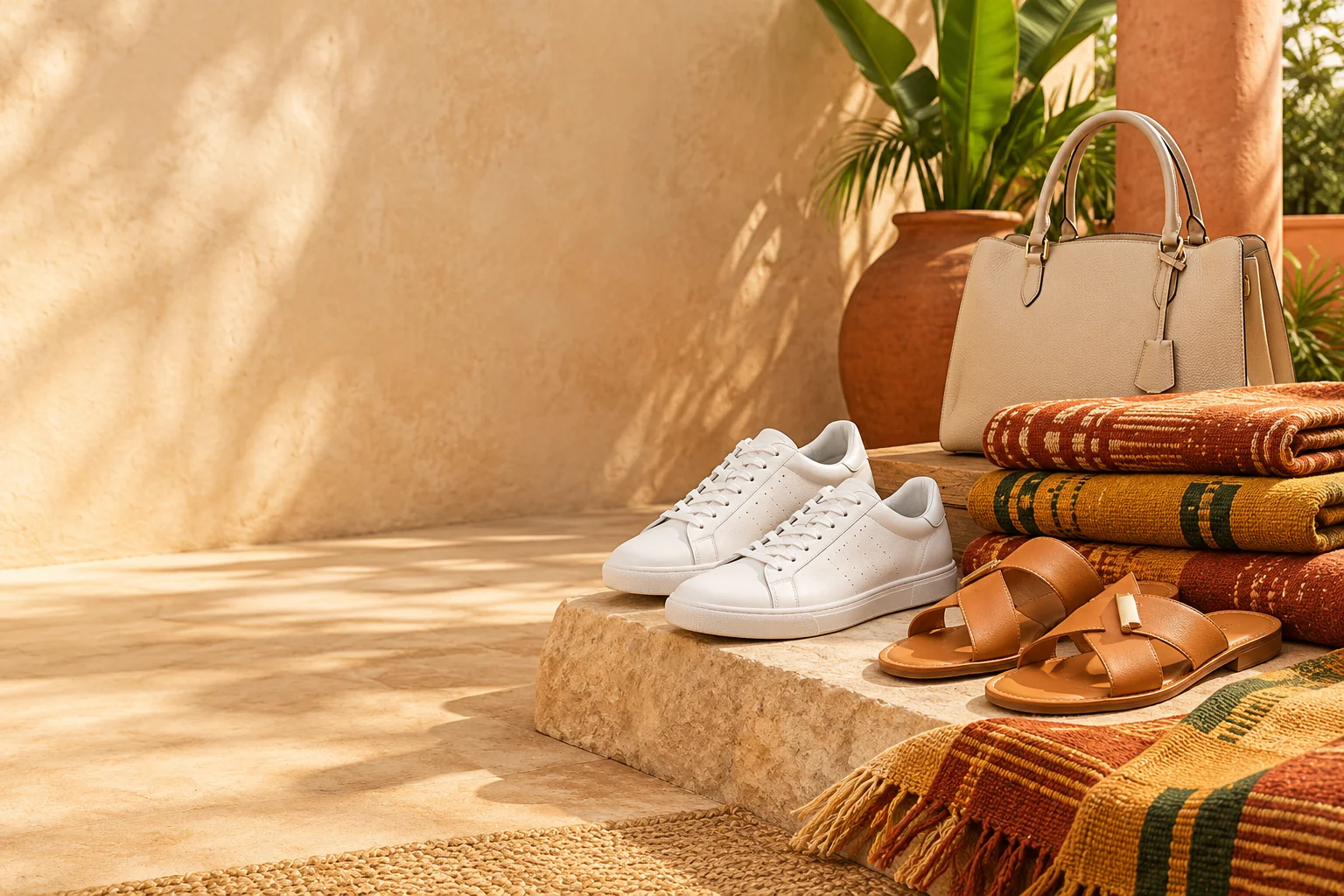 White trainers, sandals, woven fabrics and a handbag