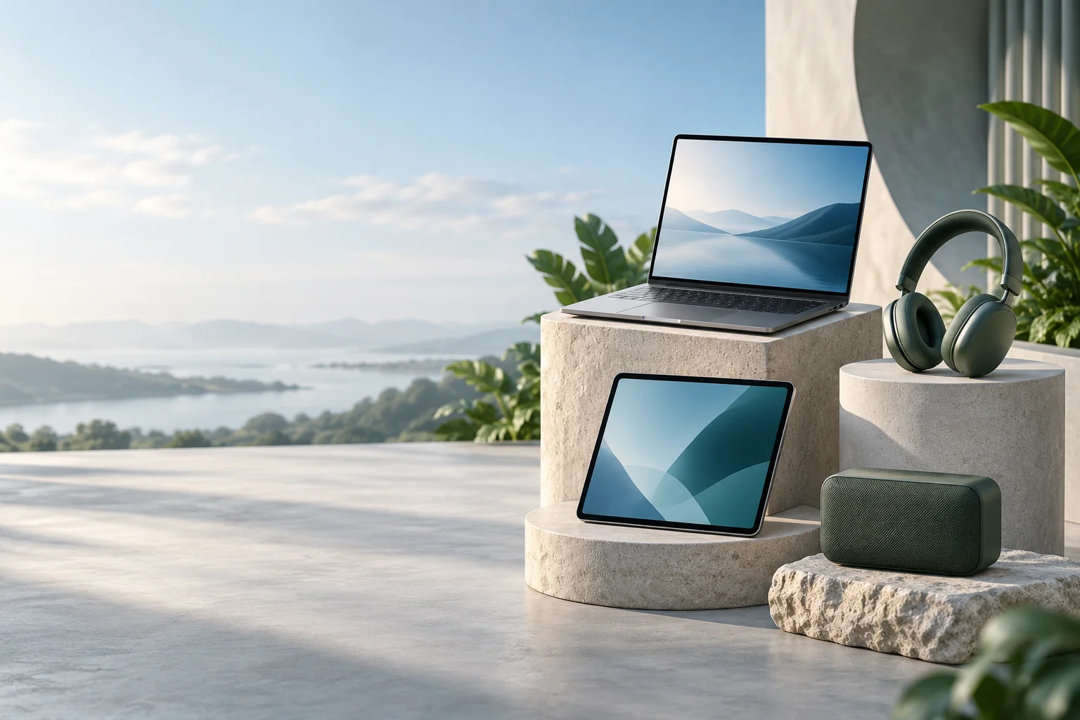 Laptop, tablet, headphones and a speaker on sculptural display stands